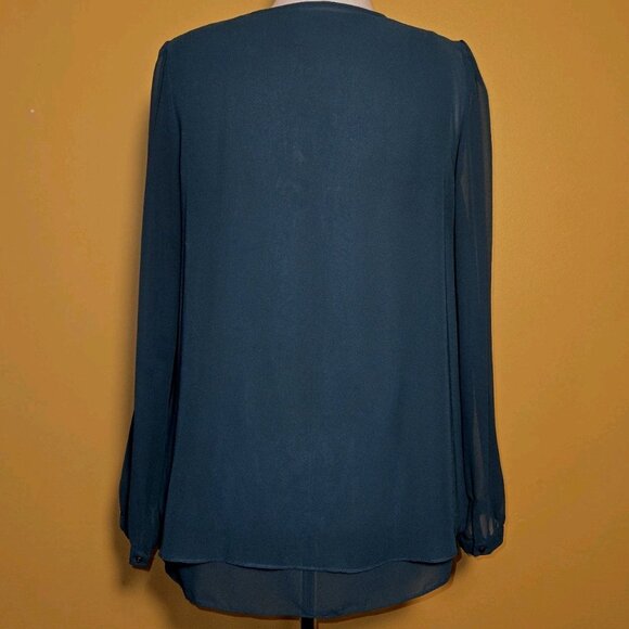 LOVE 21 Emerald Green Blouse Long Sleeve Sheer Tunic Pleated Large Layered Cardi - Picture 5 of 12